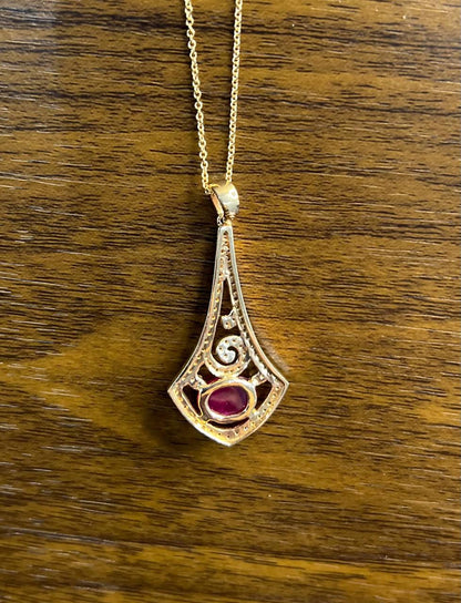 Oval Shape Red Pink Ruby Cabochon 14K White Gold Statement Pendant Necklace