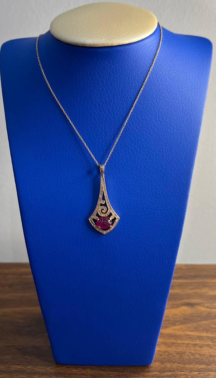 Oval Shape Red Pink Ruby Cabochon 14K White Gold Statement Pendant Necklace