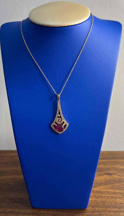 Oval Shape Red Pink Ruby Cabochon 14K White Gold Statement Pendant Necklace