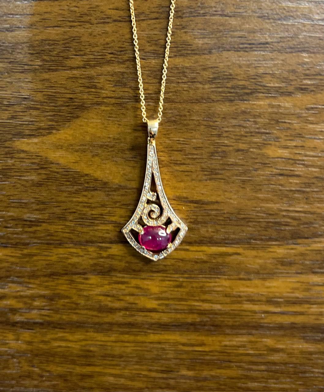 Oval Shape Red Pink Ruby Cabochon 14K White Gold Statement Pendant Necklace