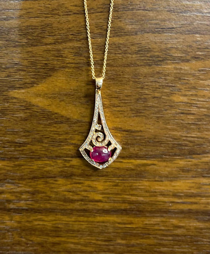 Oval Shape Red Pink Ruby Cabochon 14K White Gold Statement Pendant Necklace
