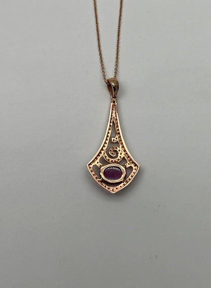 Oval Shape Red Pink Ruby Cabochon 14K White Gold Statement Pendant Necklace