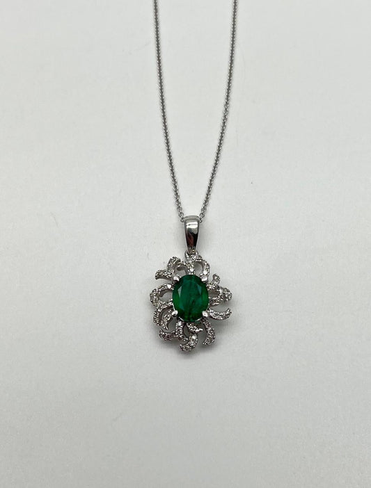 Oval Cut Green Emerald Diamond Pave Halo Coral 14K White Gold Pendant Necklace