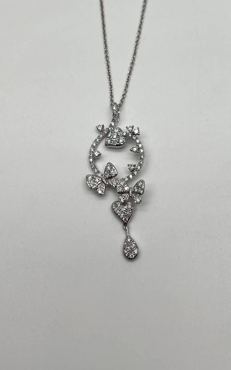 Diamond Butterfly Butterflies Pave Set Hearts 14K White Gold Pendant Necklace