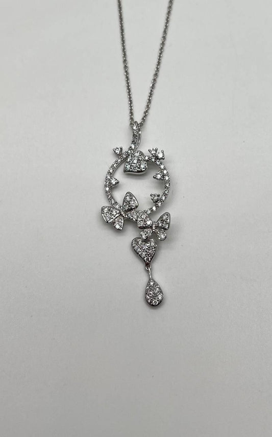 Diamond Butterfly Butterflies Pave Set Hearts 14K White Gold Pendant Necklace