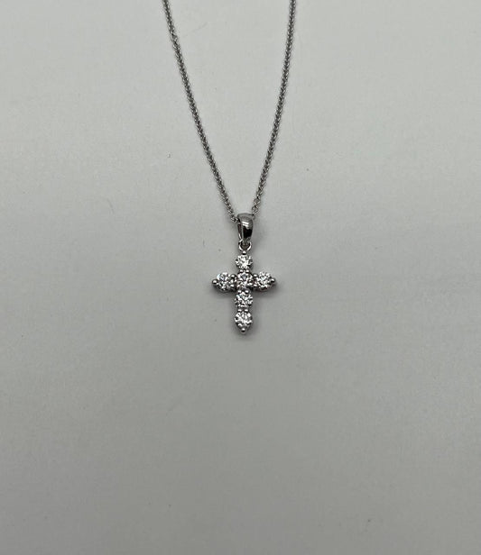 Diamond Brilliant Christian Cross 14K White Gold Pendant Chain Necklace