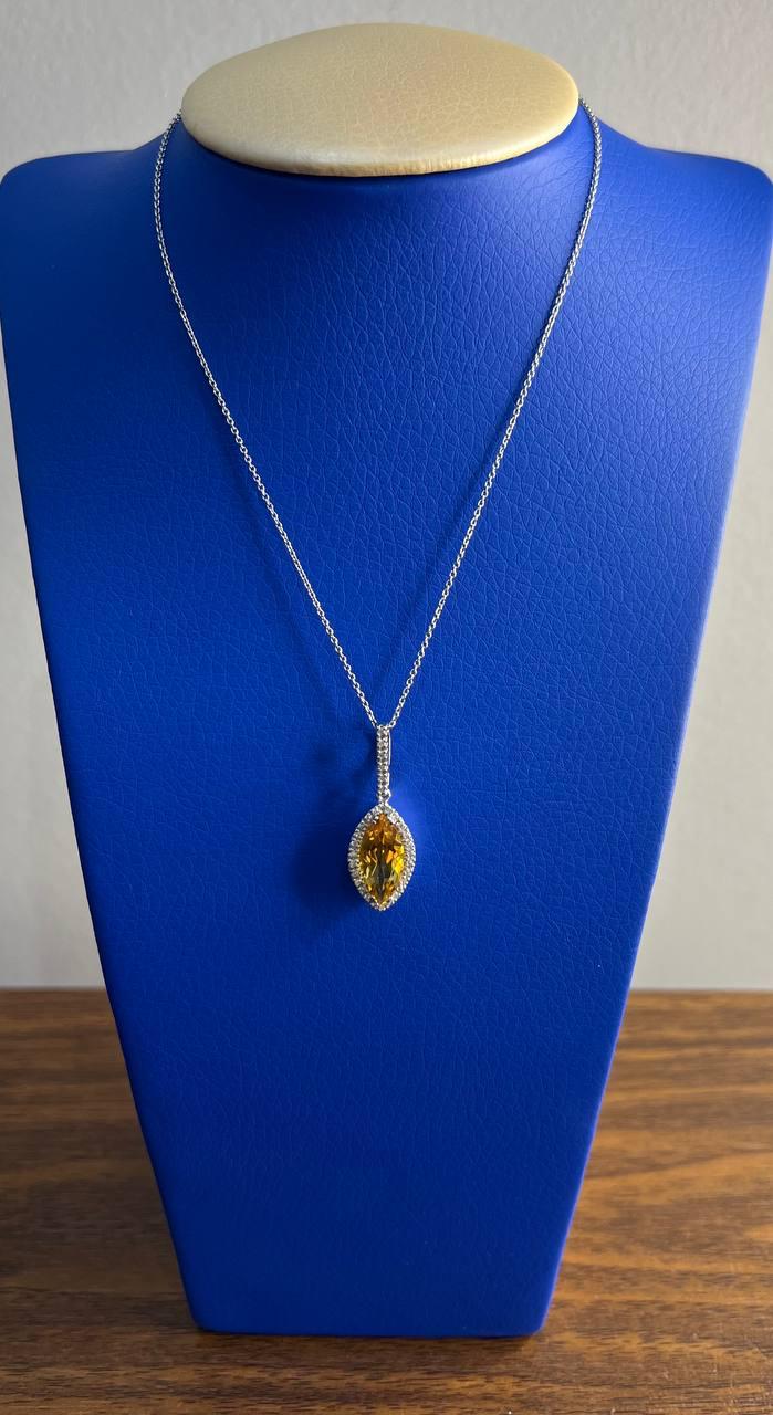 Marquise Orange Amber Citrine Diamond Halo 14K White Gold Pendant Necklace