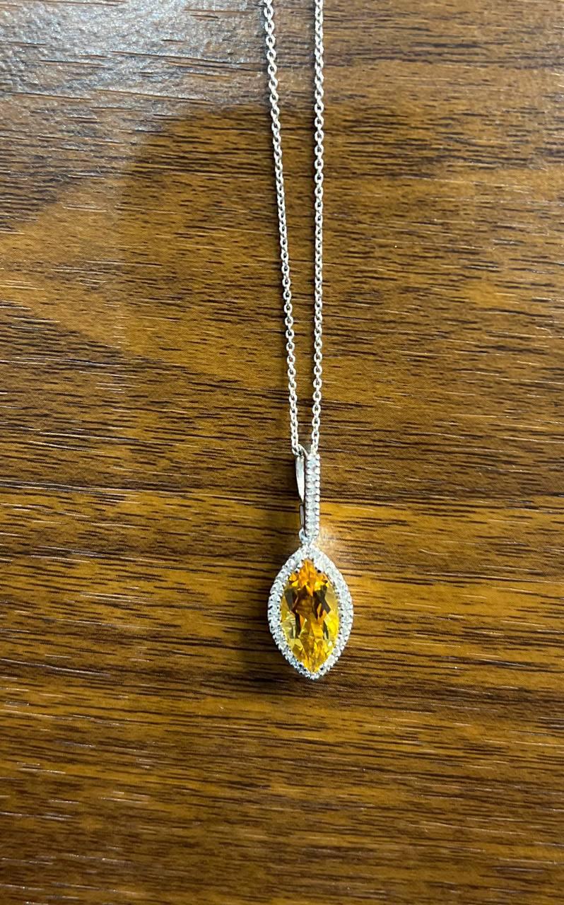 Marquise Orange Amber Citrine Diamond Halo 14K White Gold Pendant Necklace