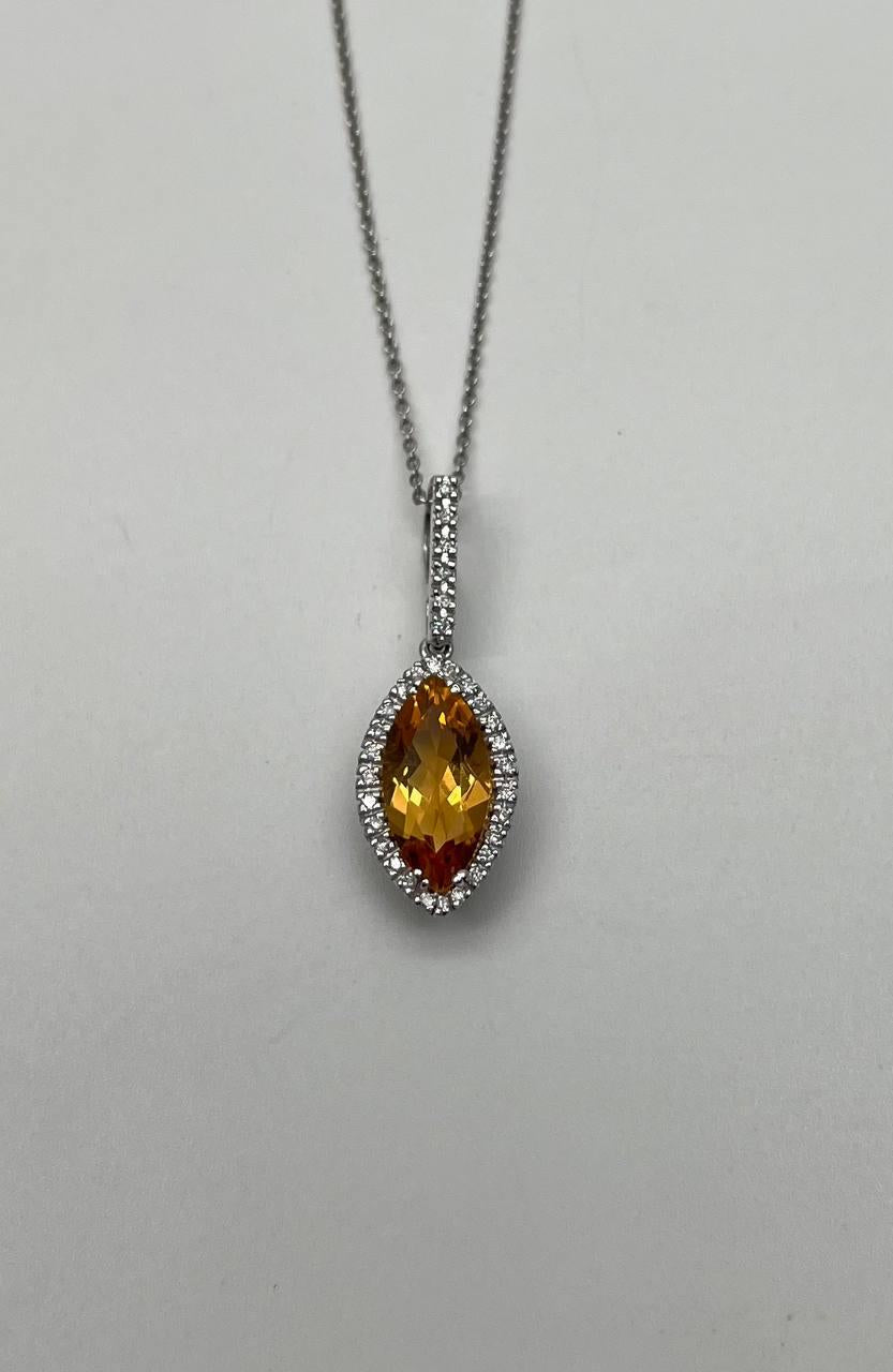Marquise Orange Amber Citrine Diamond Halo 14K White Gold Pendant Necklace
