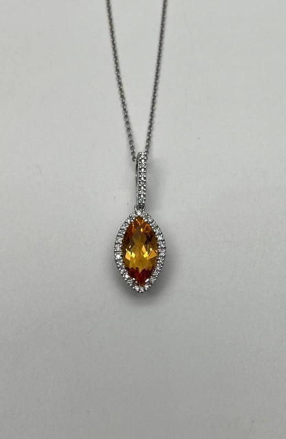 Marquise Orange Amber Citrine Diamond Halo 14K White Gold Pendant Necklace