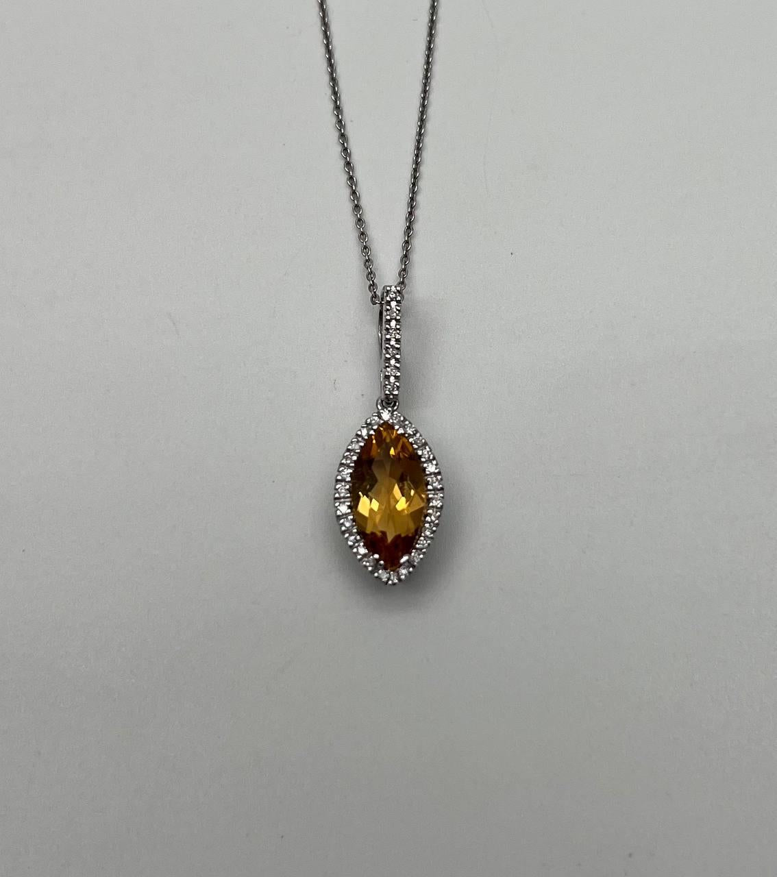 Marquise Orange Amber Citrine Diamond Halo 14K White Gold Pendant Necklace