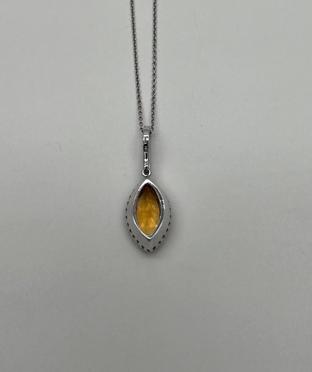 Marquise Orange Amber Citrine Diamond Halo 14K White Gold Pendant Necklace