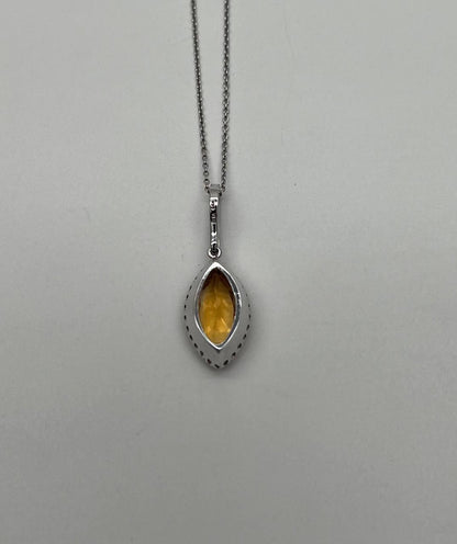 Marquise Orange Amber Citrine Diamond Halo 14K White Gold Pendant Necklace