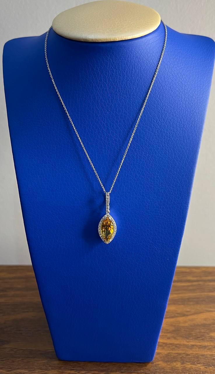Marquise Orange Amber Citrine Diamond Halo 14K White Gold Pendant Necklace