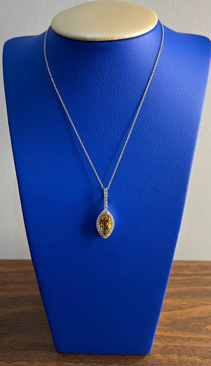Marquise Orange Amber Citrine Diamond Halo 14K White Gold Pendant Necklace