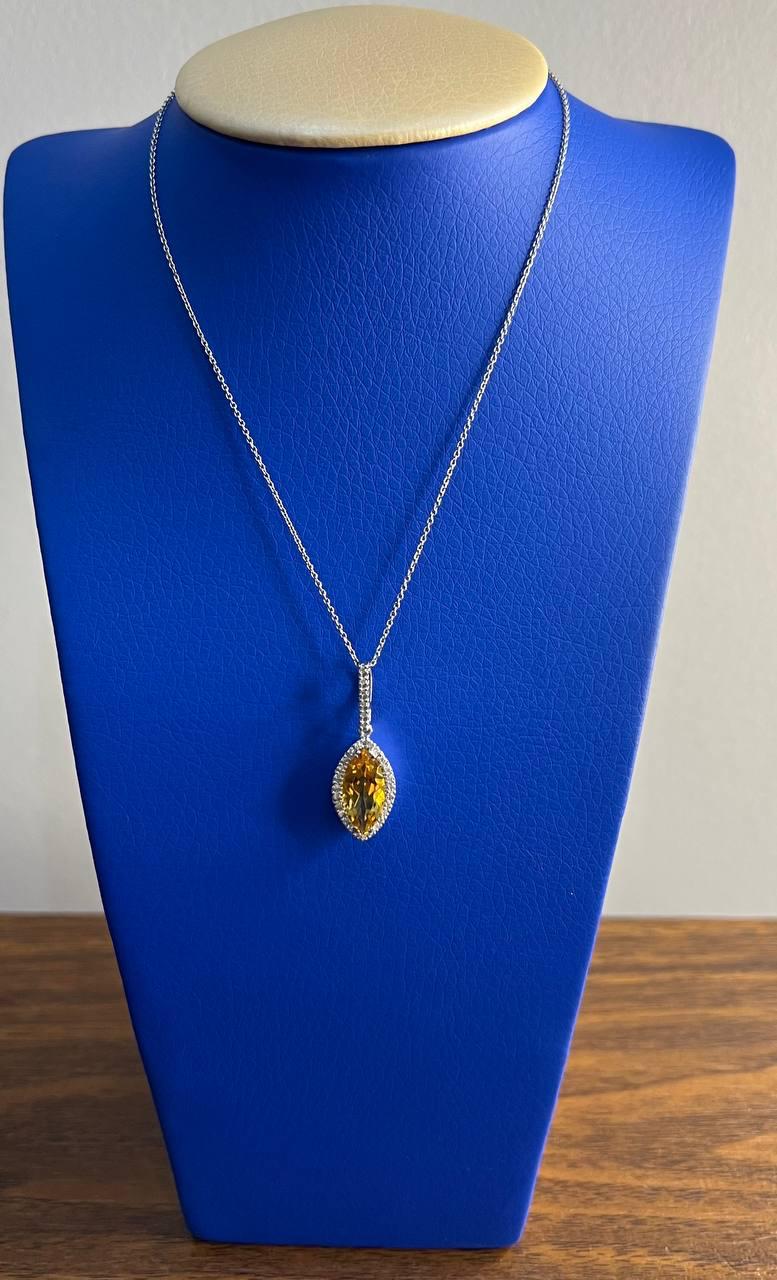 Marquise Orange Amber Citrine Diamond Halo 14K White Gold Pendant Necklace