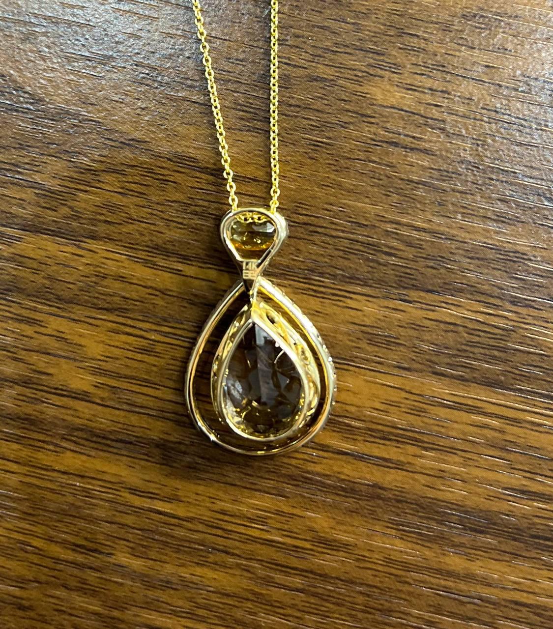 Orange Amber Citrine Brown Smoky Quartz 14KYellow Gold Diamonds Pendant Necklace