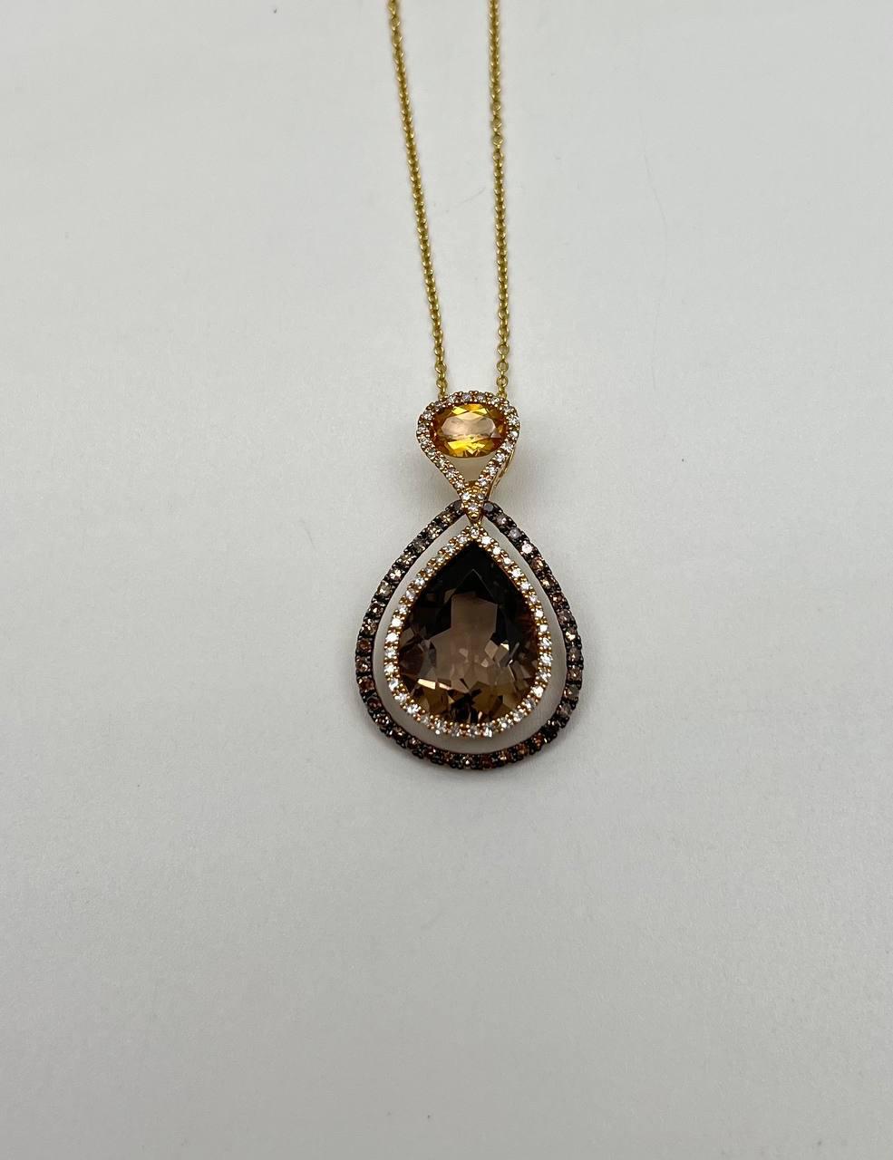 Orange Amber Citrine Brown Smoky Quartz 14KYellow Gold Diamonds Pendant Necklace