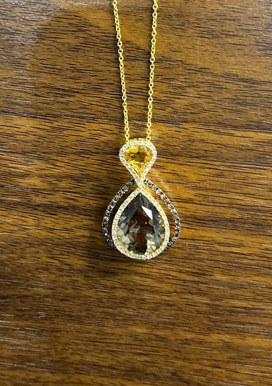 Orange Amber Citrine Brown Smoky Quartz 14KYellow Gold Diamonds Pendant Necklace