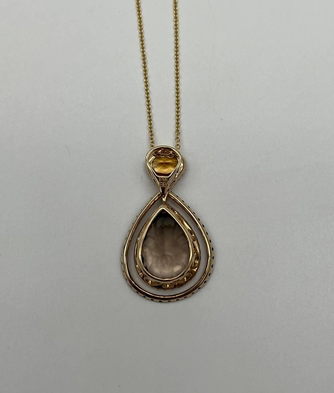 Orange Amber Citrine Brown Smoky Quartz 14KYellow Gold Diamonds Pendant Necklace