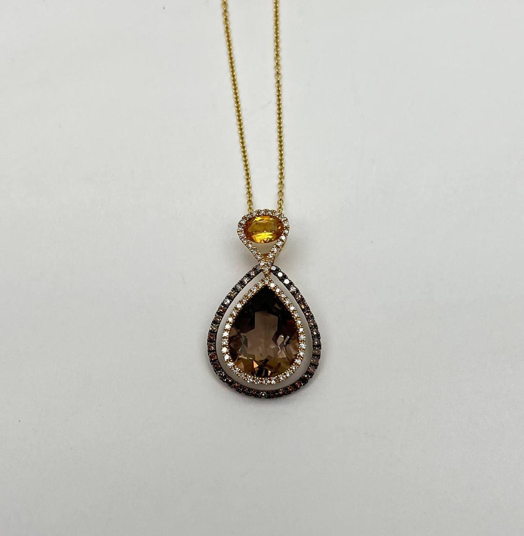 Orange Amber Citrine Brown Smoky Quartz 14KYellow Gold Diamonds Pendant Necklace