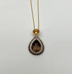 Orange Amber Citrine Brown Smoky Quartz 14KYellow Gold Diamonds Pendant Necklace