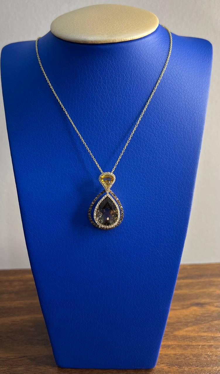 Orange Amber Citrine Brown Smoky Quartz 14KYellow Gold Diamonds Pendant Necklace