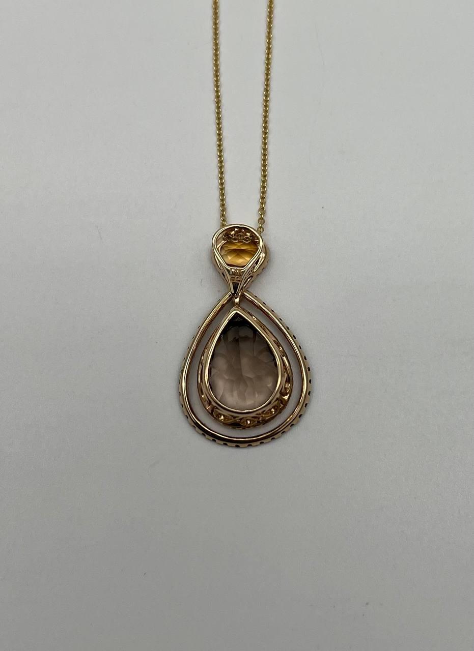 Orange Amber Citrine Brown Smoky Quartz 14KYellow Gold Diamonds Pendant Necklace