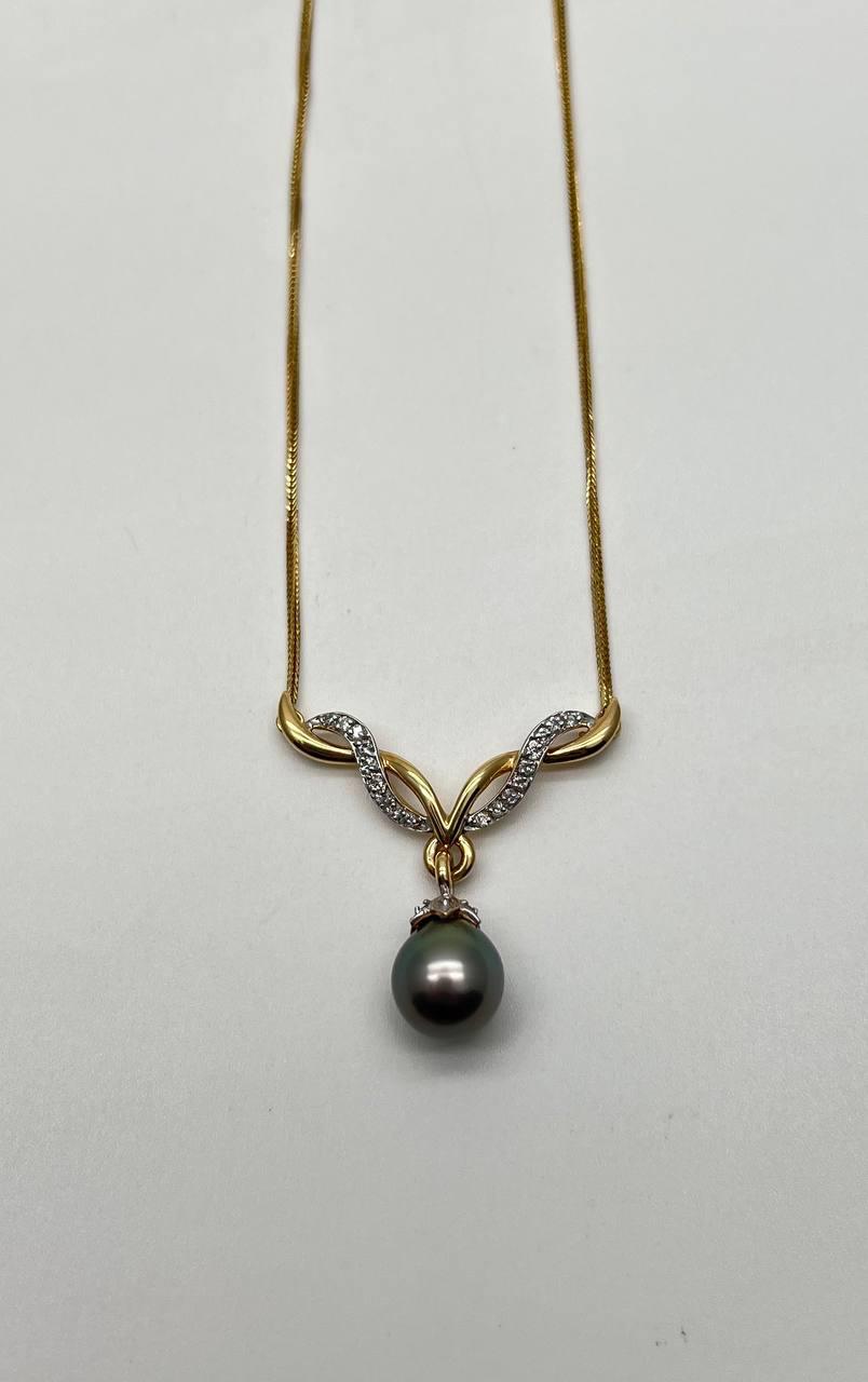 Grey Silver Black Tahitian Pearl 14K Yellow Gold Diamond Ribbon Pendant Necklace