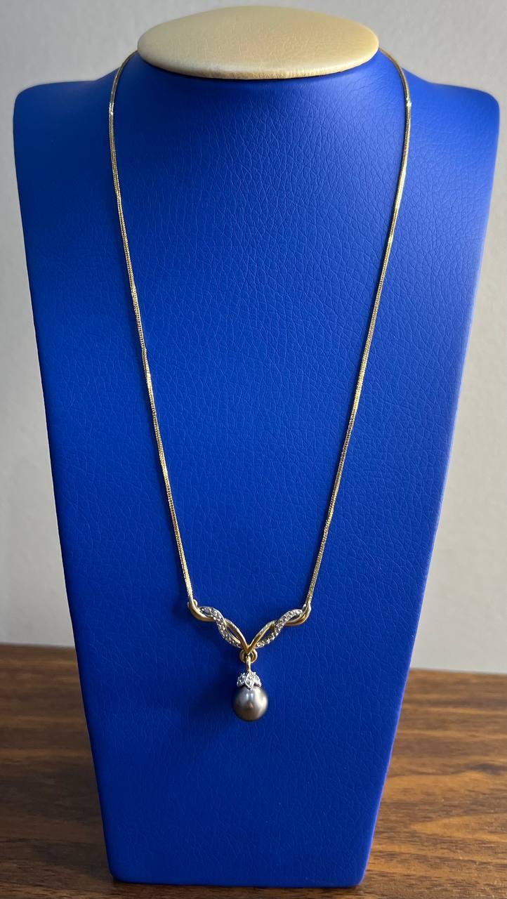 Grey Silver Black Tahitian Pearl 14K Yellow Gold Diamond Ribbon Pendant Necklace