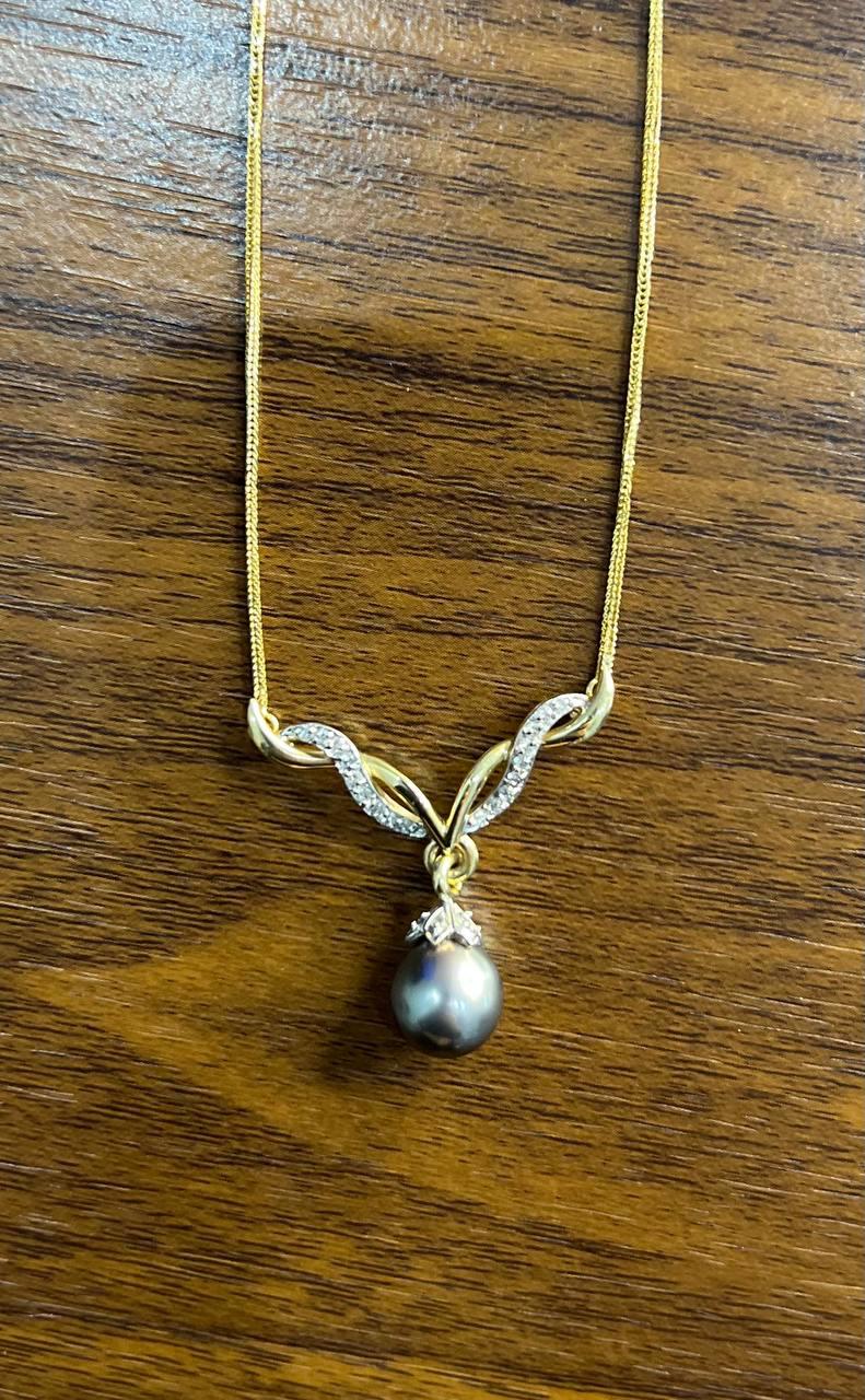 Grey Silver Black Tahitian Pearl 14K Yellow Gold Diamond Ribbon Pendant Necklace