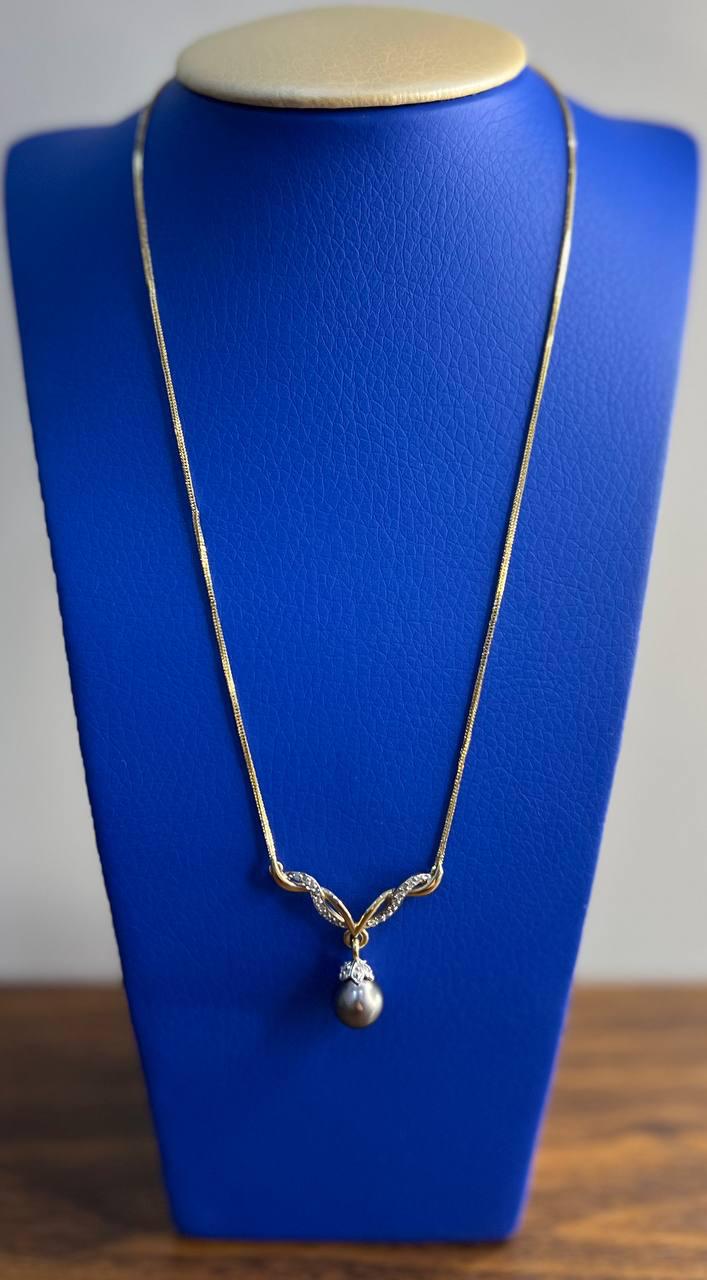 Grey Silver Black Tahitian Pearl 14K Yellow Gold Diamond Ribbon Pendant Necklace