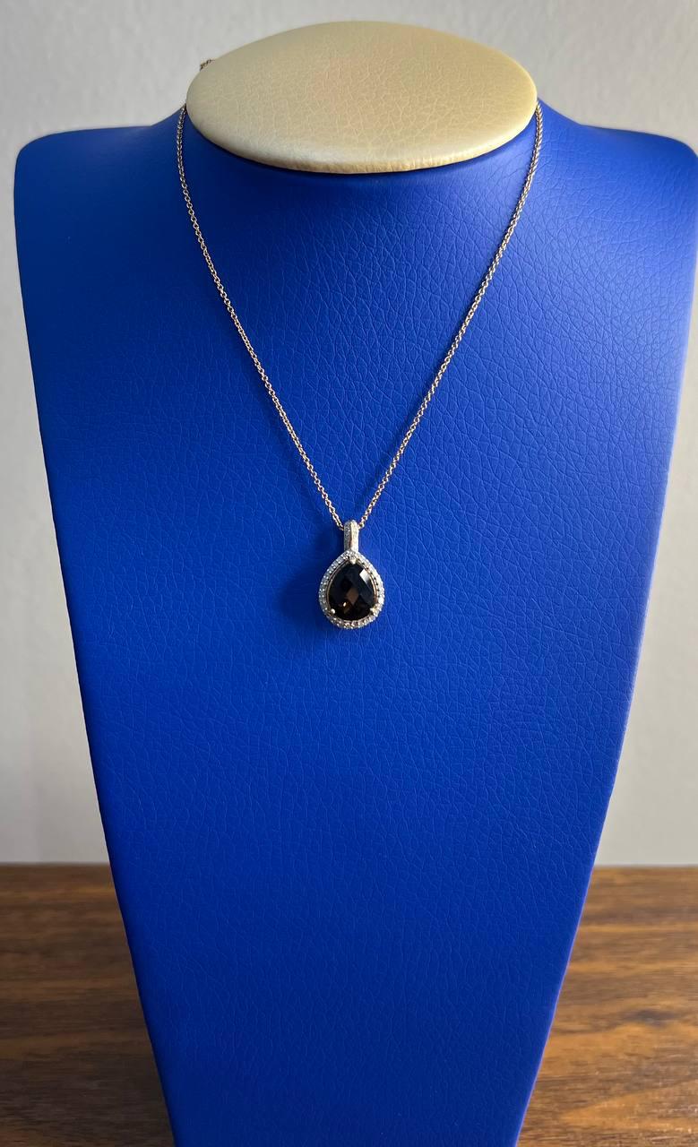 Pear Teardrop Shape Brown Smoky Quartz Diamond Halo 14K Gold Pendant Necklace