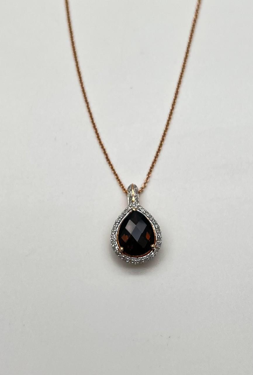 Pear Teardrop Shape Brown Smoky Quartz Diamond Halo 14K Gold Pendant Necklace