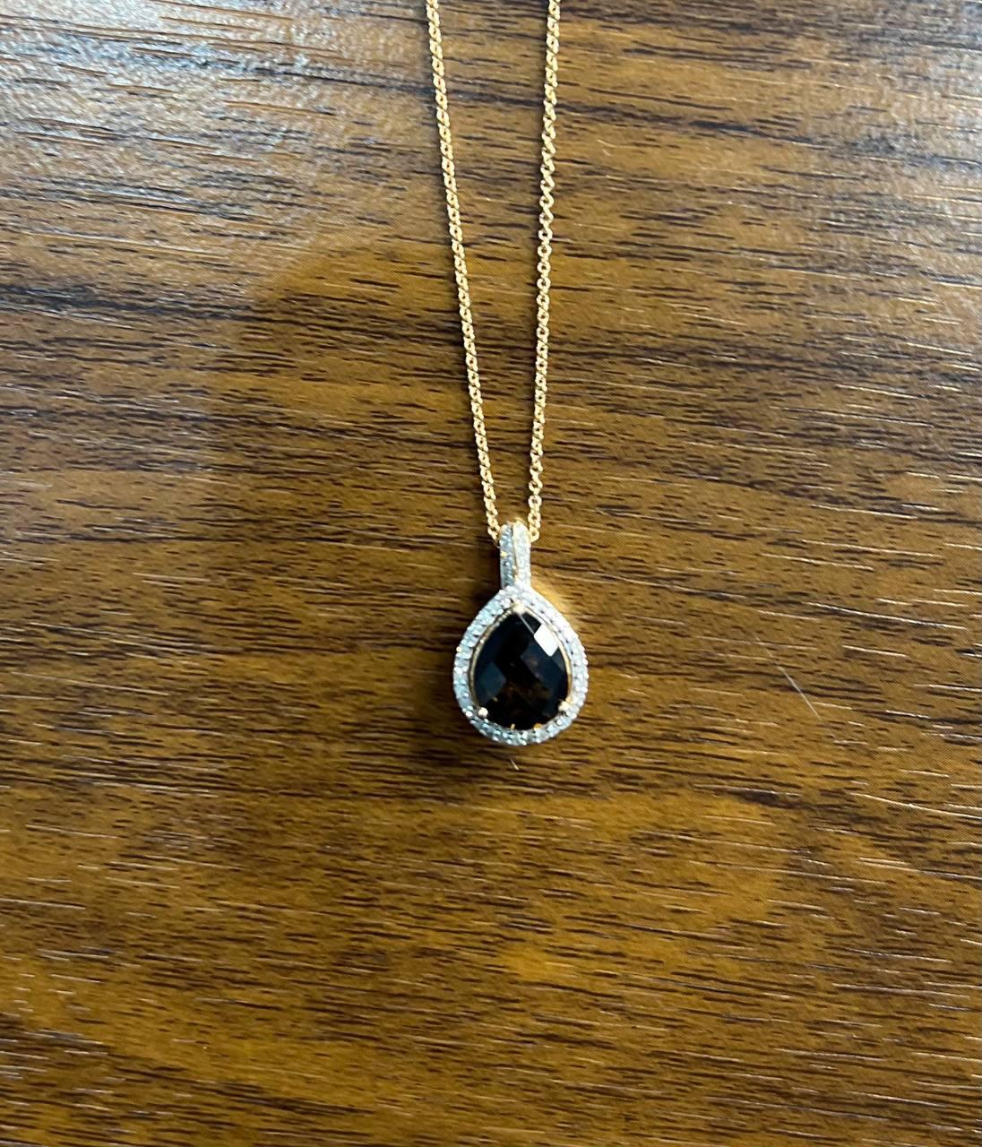 Pear Teardrop Shape Brown Smoky Quartz Diamond Halo 14K Gold Pendant Necklace