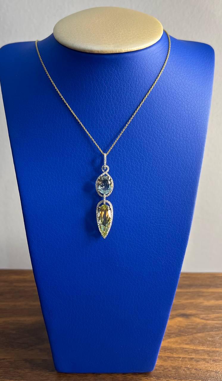 Yellow Lemon Quartz Green Amethyst Prasiolite 14K Gold Diamond Pendant Necklace