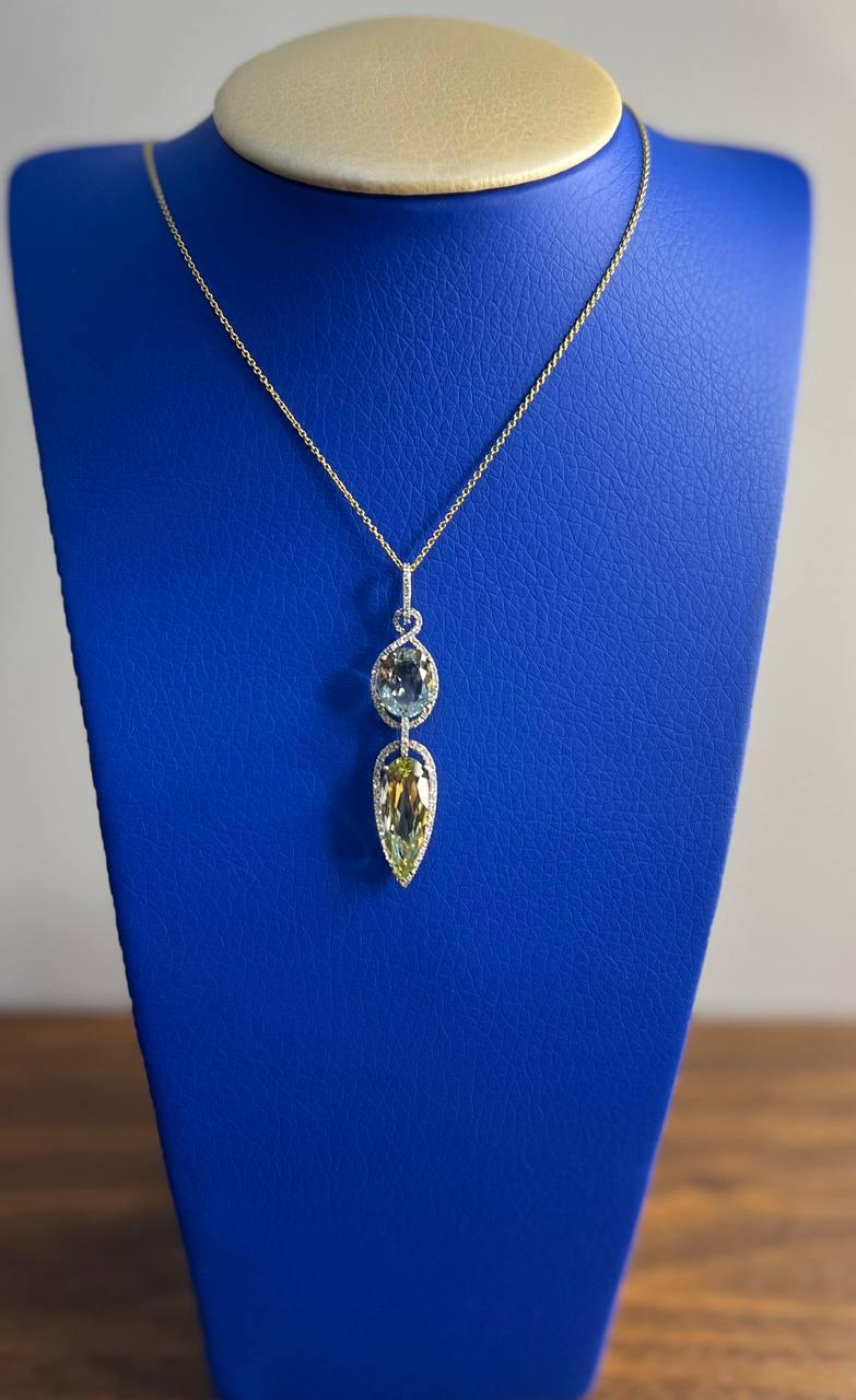 Yellow Lemon Quartz Green Amethyst Prasiolite 14K Gold Diamond Pendant Necklace