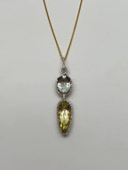 Yellow Lemon Quartz Green Amethyst Prasiolite 14K Gold Diamond Pendant Necklace
