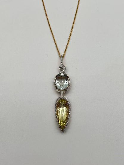 Yellow Lemon Quartz Green Amethyst Prasiolite 14K Gold Diamond Pendant Necklace