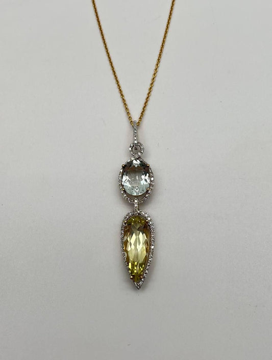 Yellow Lemon Quartz Green Amethyst Prasiolite 14K Gold Diamond Pendant Necklace