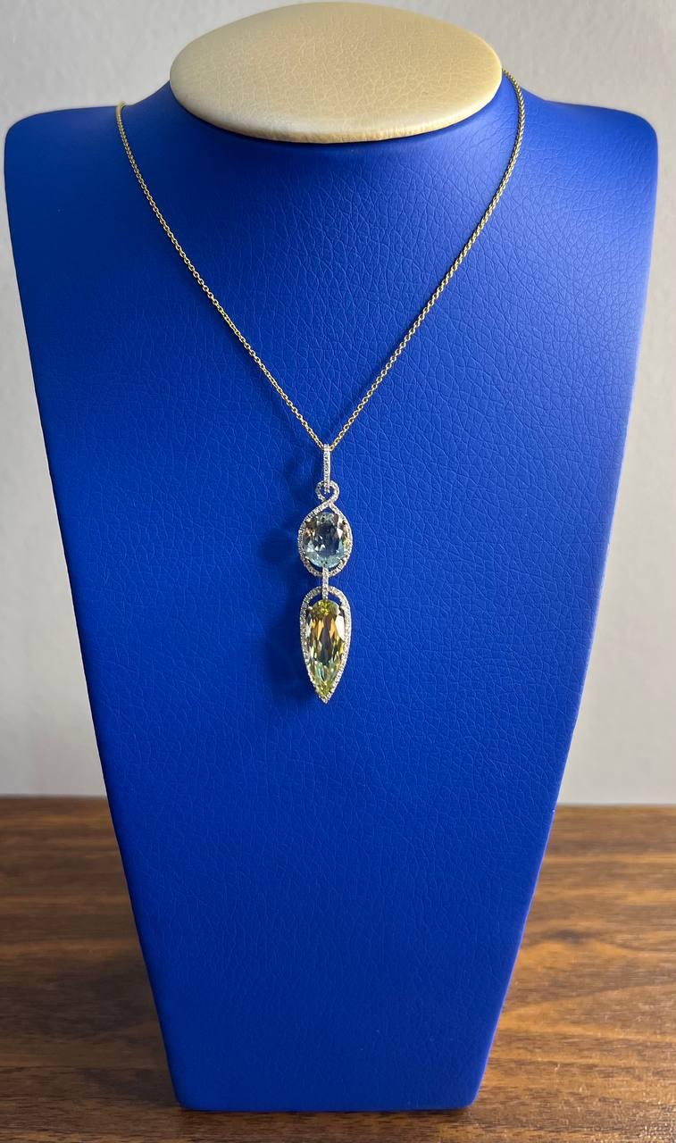 Yellow Lemon Quartz Green Amethyst Prasiolite 14K Gold Diamond Pendant Necklace