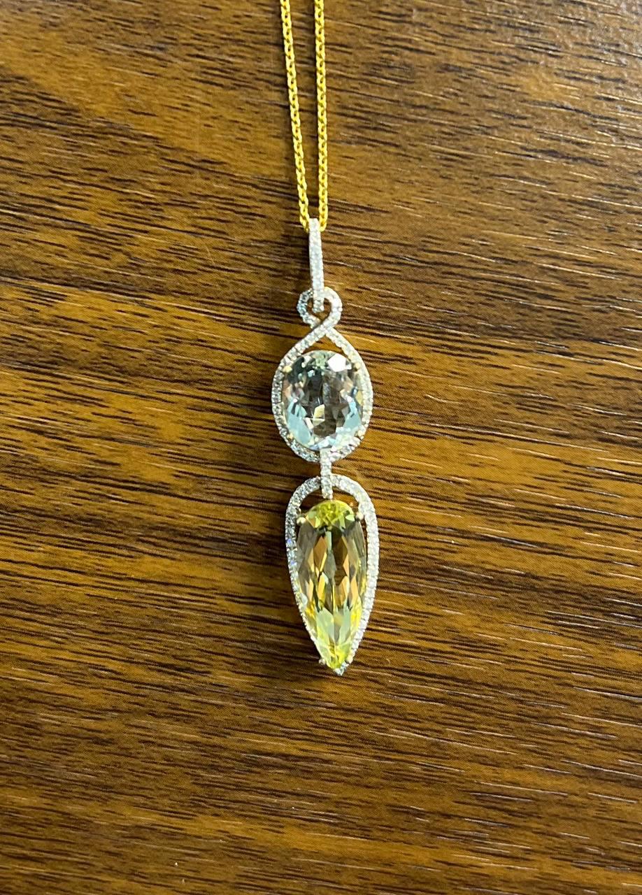 Yellow Lemon Quartz Green Amethyst Prasiolite 14K Gold Diamond Pendant Necklace