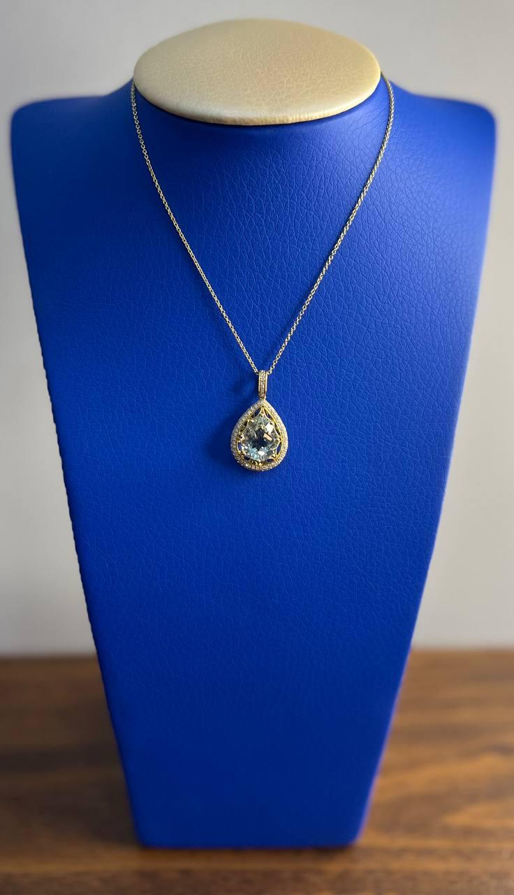 Pear Teardrop Shape Green Amethyst Prasiolite Gold Diamond Halo Pendant Necklace