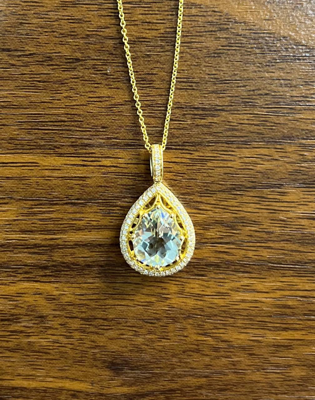 Pear Teardrop Shape Green Amethyst Prasiolite Gold Diamond Halo Pendant Necklace