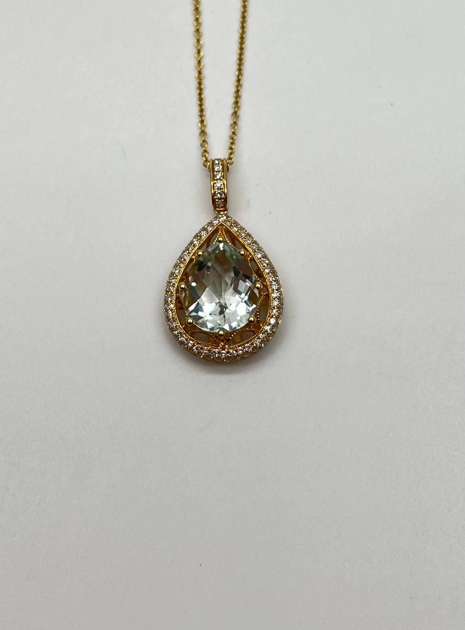 Pear Teardrop Shape Green Amethyst Prasiolite Gold Diamond Halo Pendant Necklace