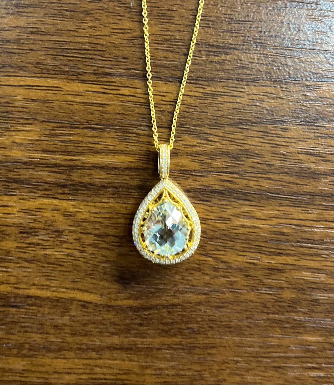 Pear Teardrop Shape Green Amethyst Prasiolite Gold Diamond Halo Pendant Necklace
