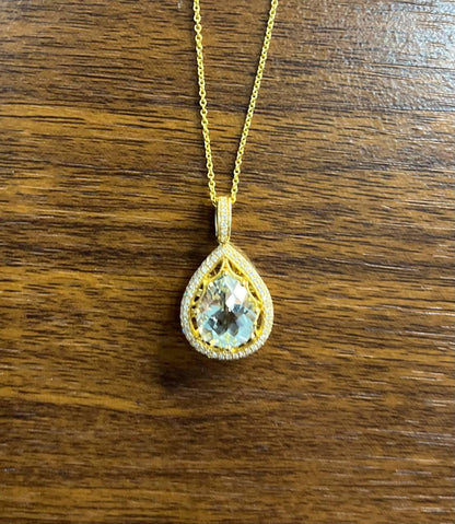 Pear Teardrop Shape Green Amethyst Prasiolite Gold Diamond Halo Pendant Necklace