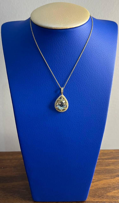 Pear Teardrop Shape Green Amethyst Prasiolite Gold Diamond Halo Pendant Necklace