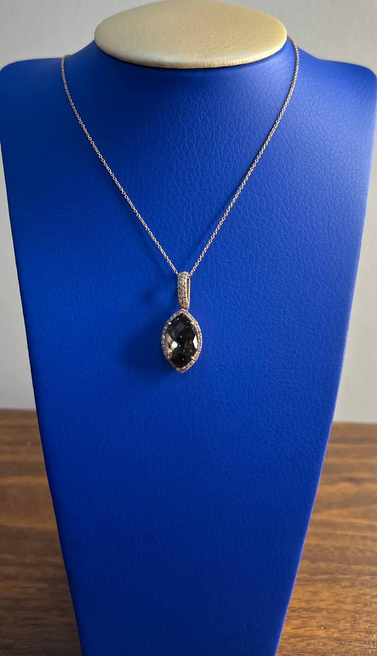 Marquise Shape Brown Smoky Quartz 14K Rose Gold Diamond Pave Pendant Necklace