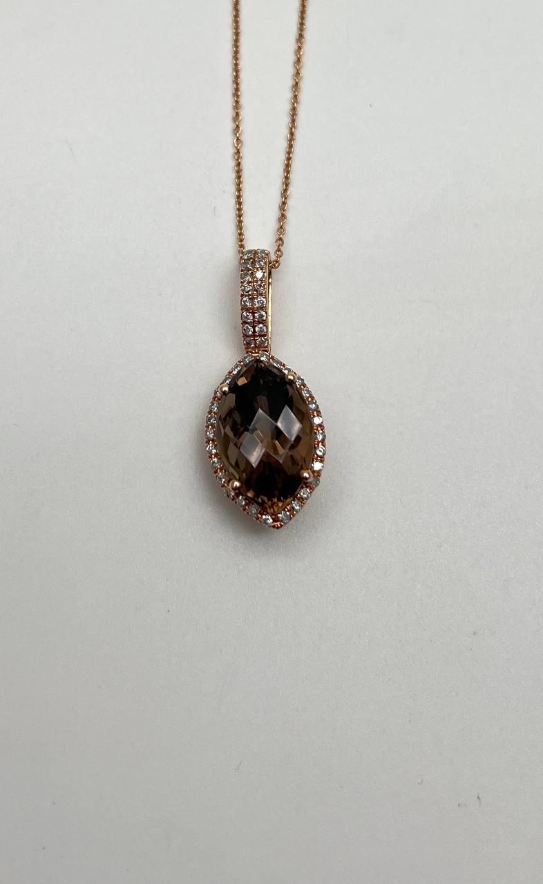 Marquise Shape Brown Smoky Quartz 14K Rose Gold Diamond Pave Pendant Necklace